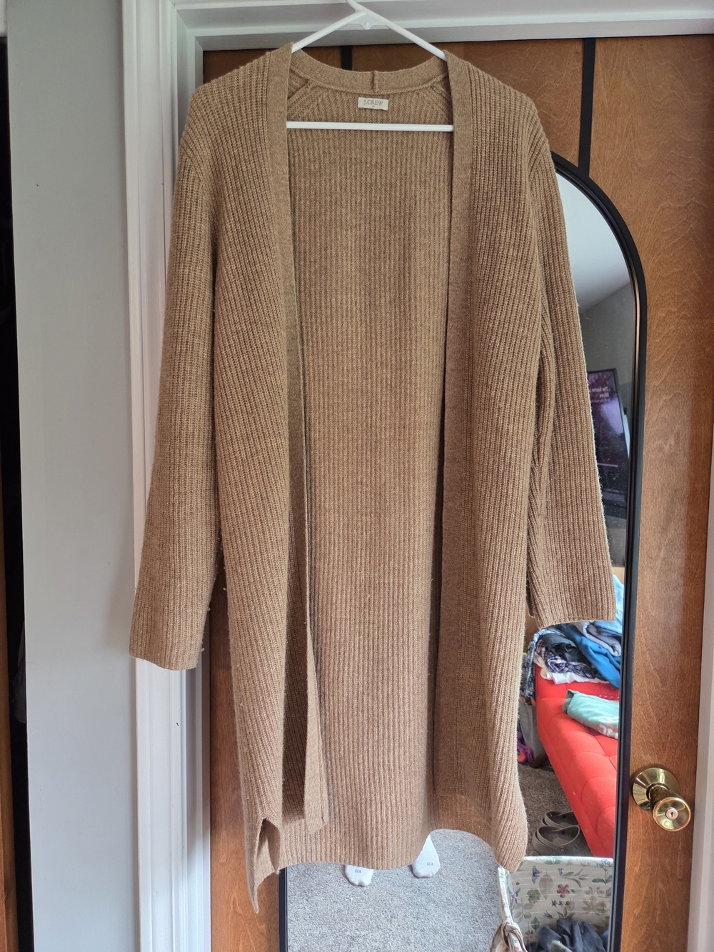 J. Crew Lambs Wool Camel Ribbed Open-Front Long Cardigan